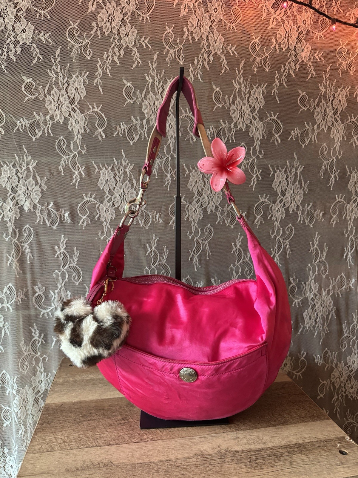 Y2K Coach Pink Ergo Hobo Crescent Nylon Leather Shoulder Bag Silver hardware