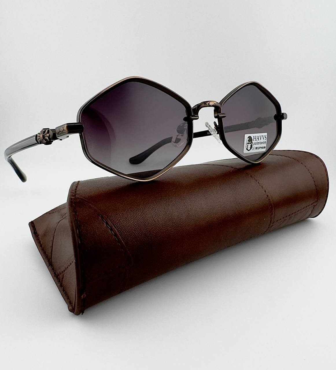 HAVVS HV68101 C Polarized Sunglasses Hexagon Bronze Metal Frame UV400 w/ Case