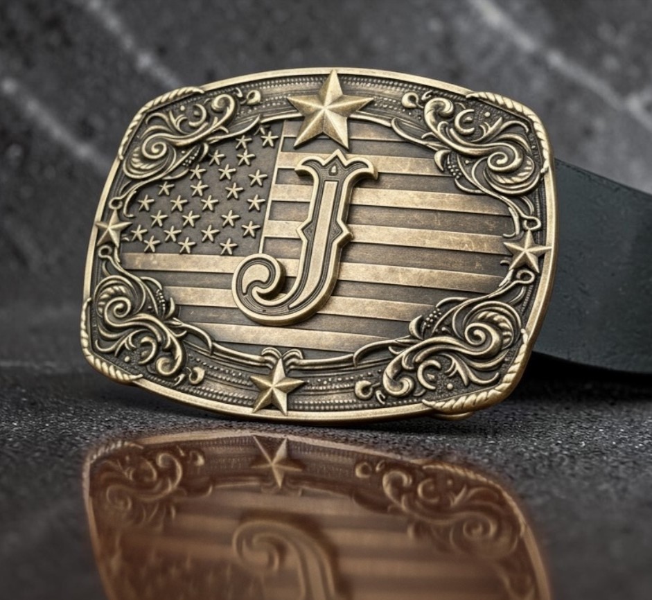 USA Flag Initial Belt Buckle Western Cowboy Patriotic Monogram Fits 1.5 Belt