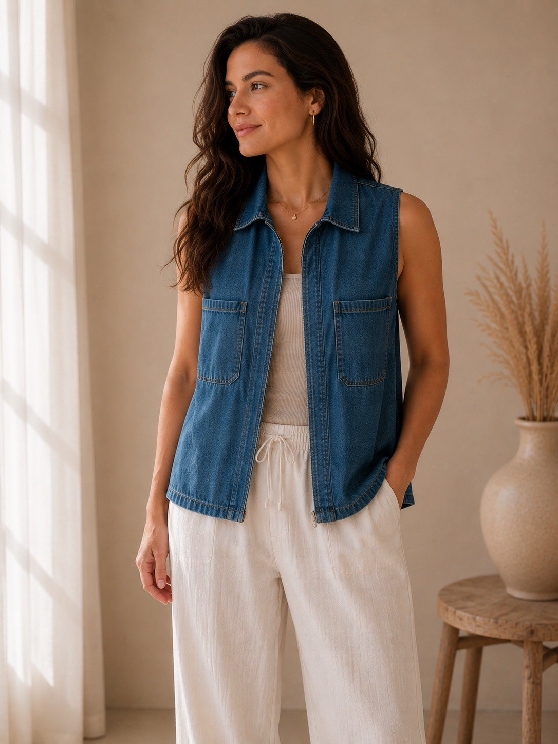Theory Blue Sleeveless Zip-Front Vest w/ Pockets Collared Women P Petite