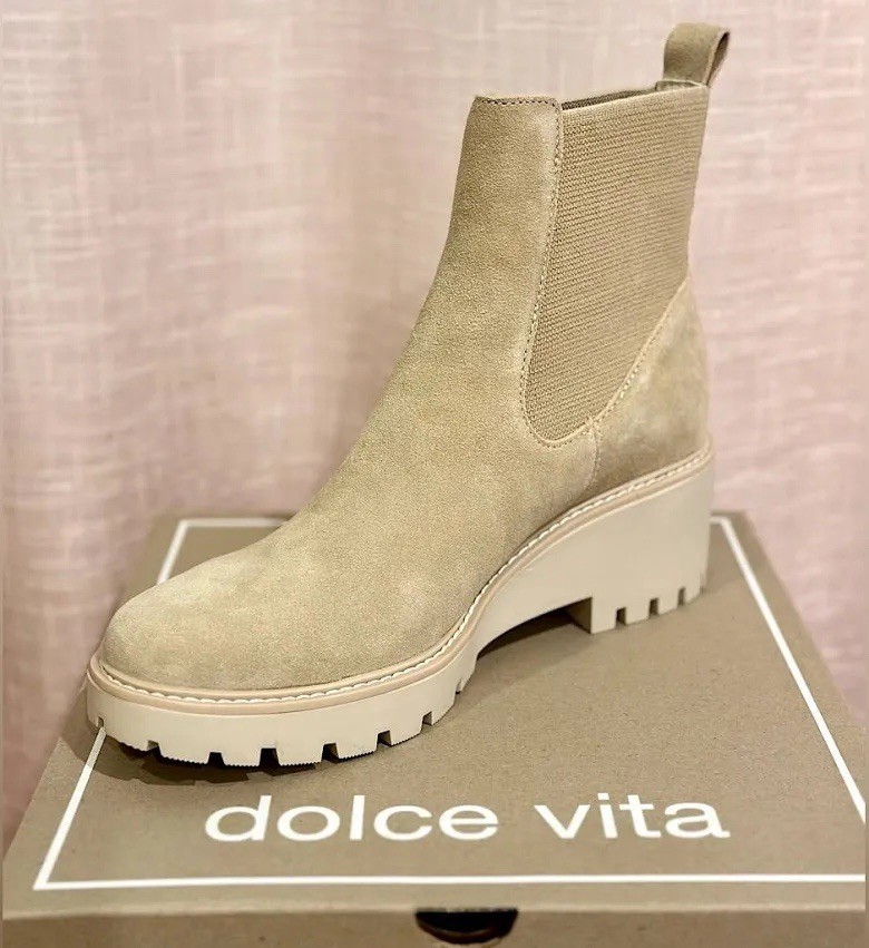 size 9.5 Dolce Vita Hutton Lug Sole Suede Ankle Boot sand beige womens booties