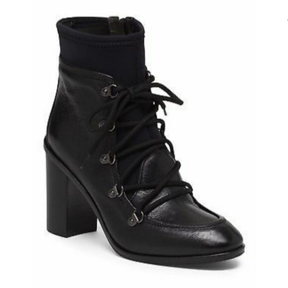 Napoleoni Grannie Black Leather Neoprene Lace-up Heeled Lolita Granny Booties 40