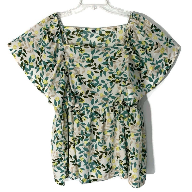 Women’s Floral Peplum Blouse 1XL Square Neck Flutter Sleeve Top Cottagecore Boho