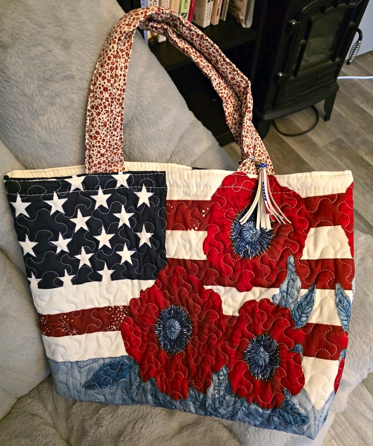 Handmade Quilted American Flag Floral Tote Bag Tassel Bag Charm Lined Open Top