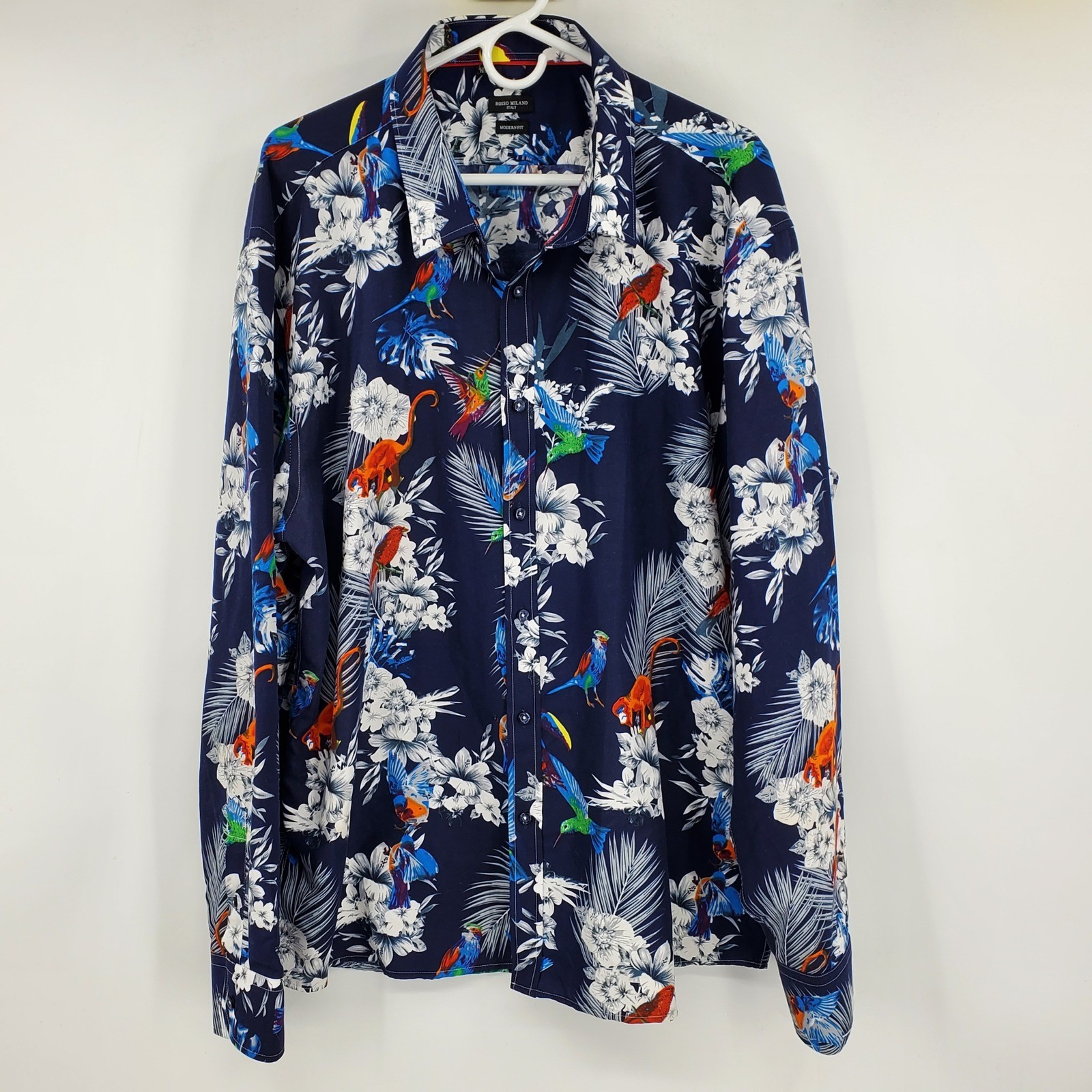 Rosso Milano Italy Mens 3XL Modern Fit Tropical Jungle Monkey Bird Navy Shirt