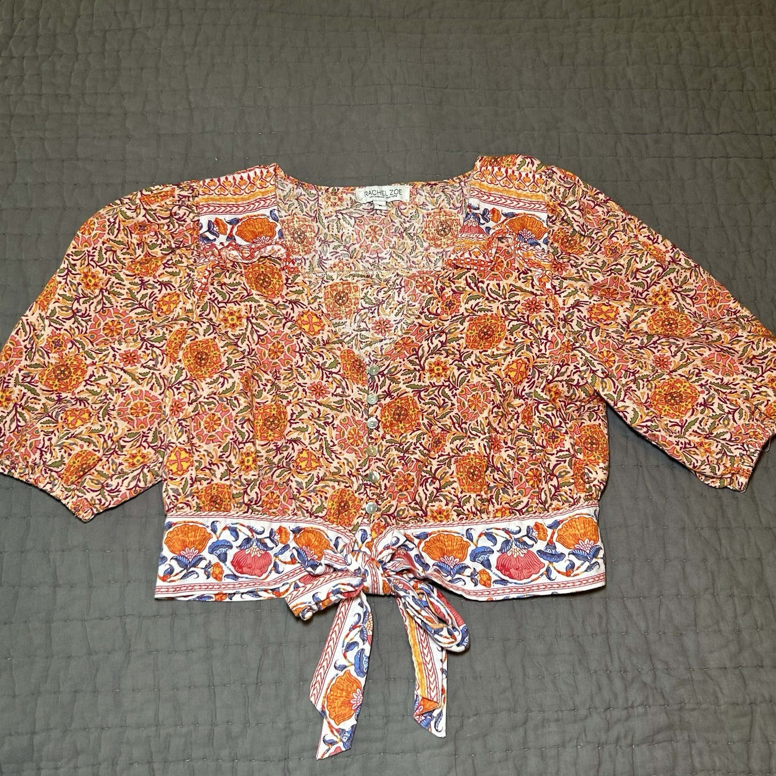 Rachel Zoe Linen Blend Blouse M Medium Tropical Floral Tie Front Vacation Beachy