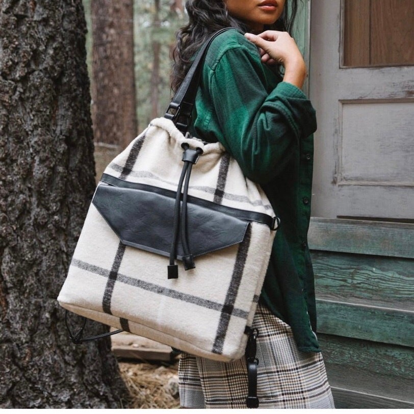 BEIS The Messenger Tote Bag/ Backpack Plaid Convertible Lifestyle Travel Rare