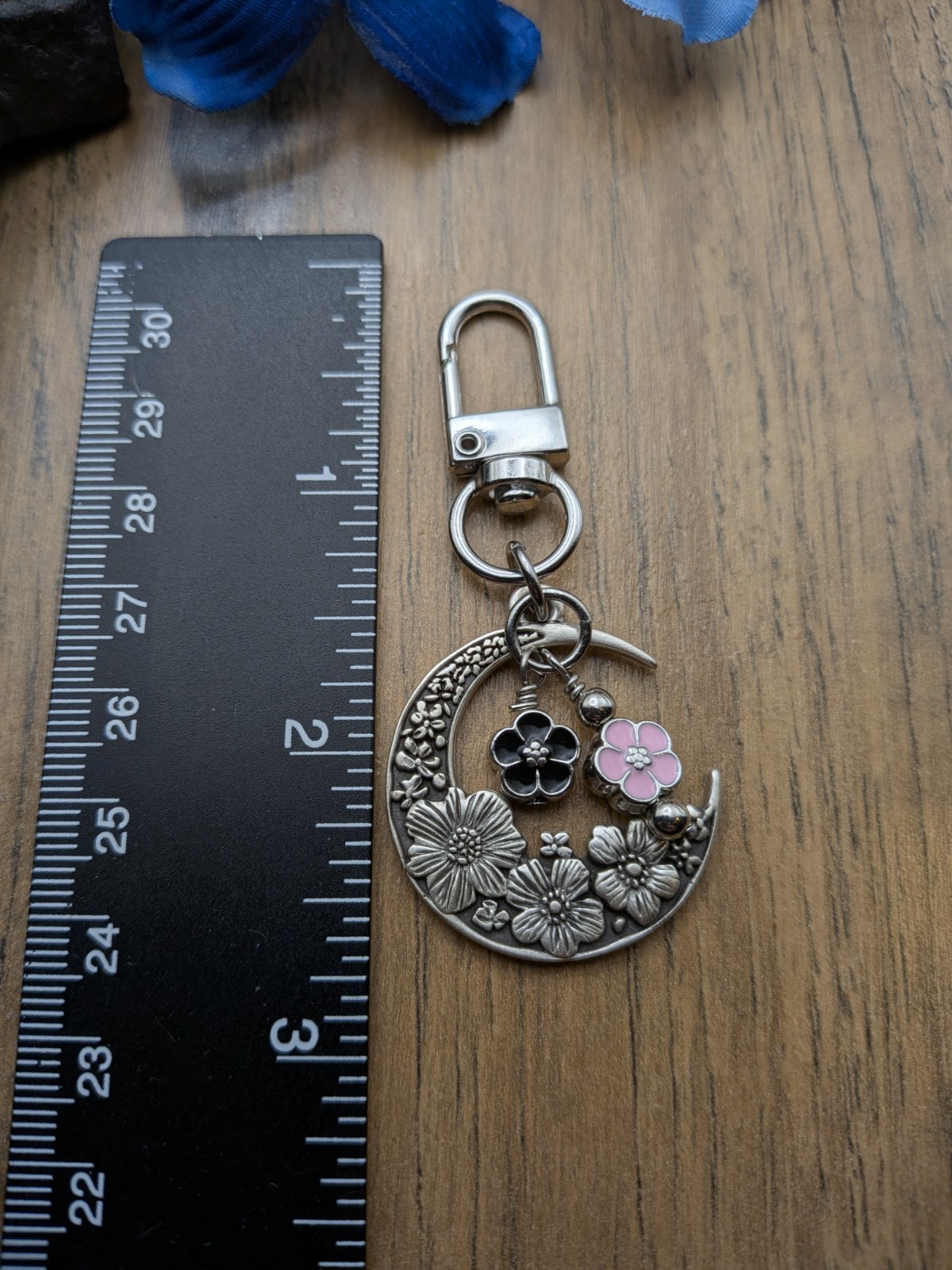 Crescent Moon Purse Charm Keychain, Celestial Gift, Flowers