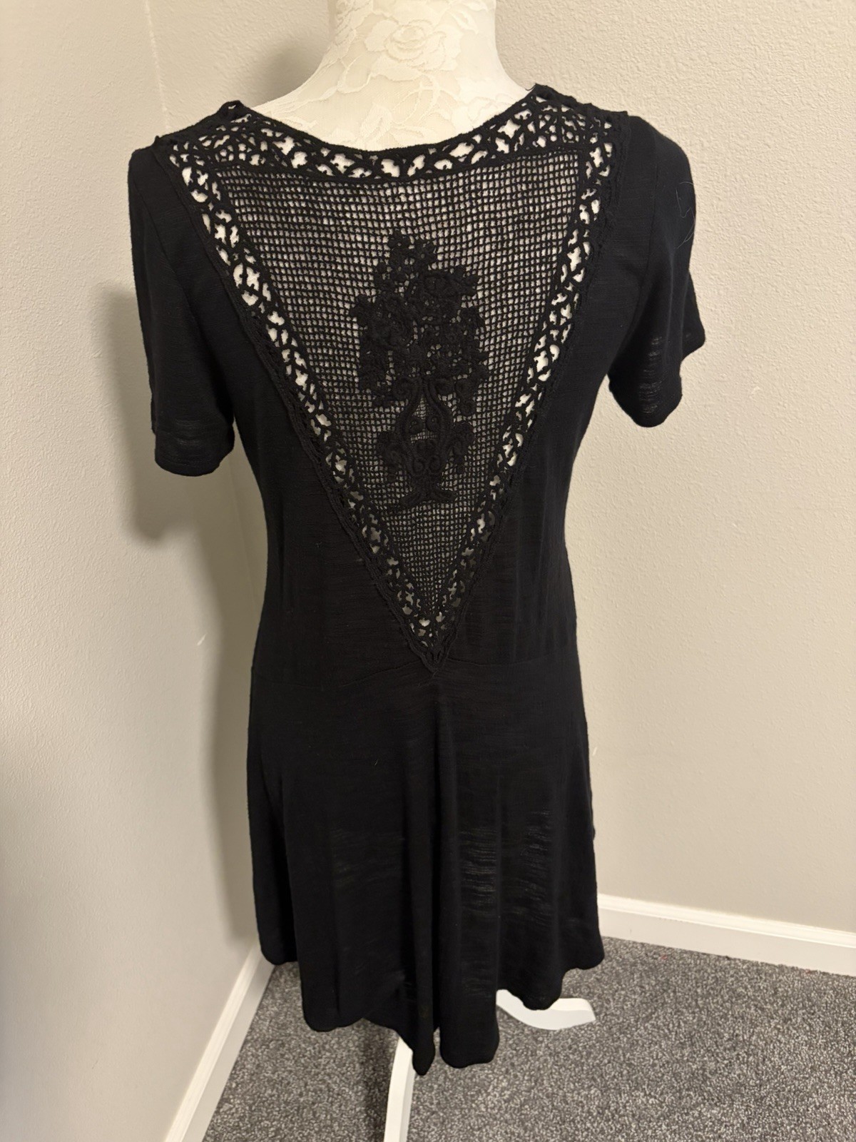 Vocal Black Knit Crystal Studded Tunic Top~ M~Hi Low Lace Back Whimsigoth Rocker