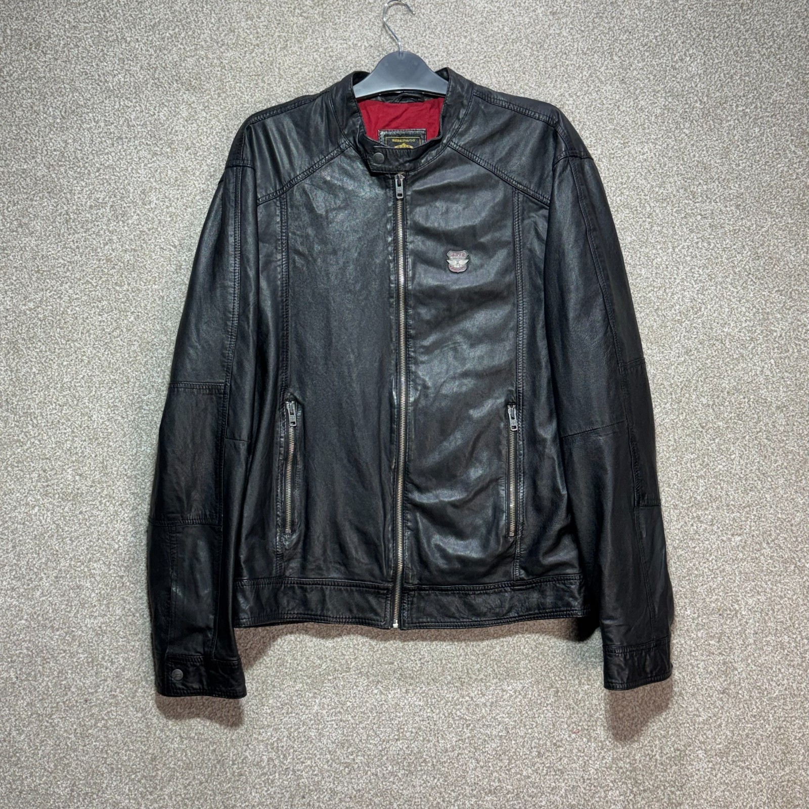 Superdry Leather Biker Jacket Mens XL Black Cafe Racer Moto Motorcycle