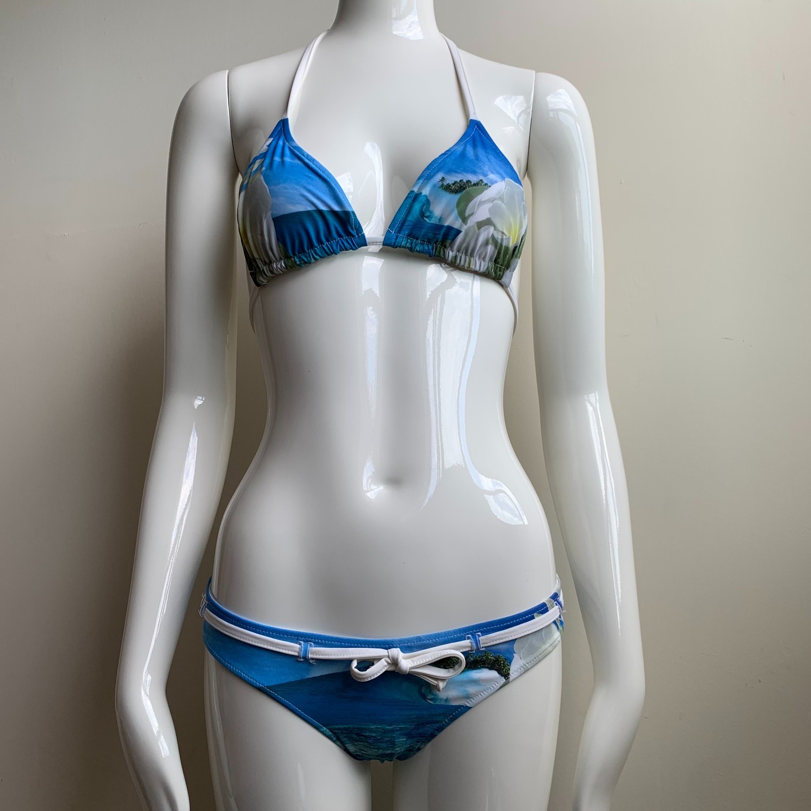Aaron Chang blue & white reversible plumeria belted bikini