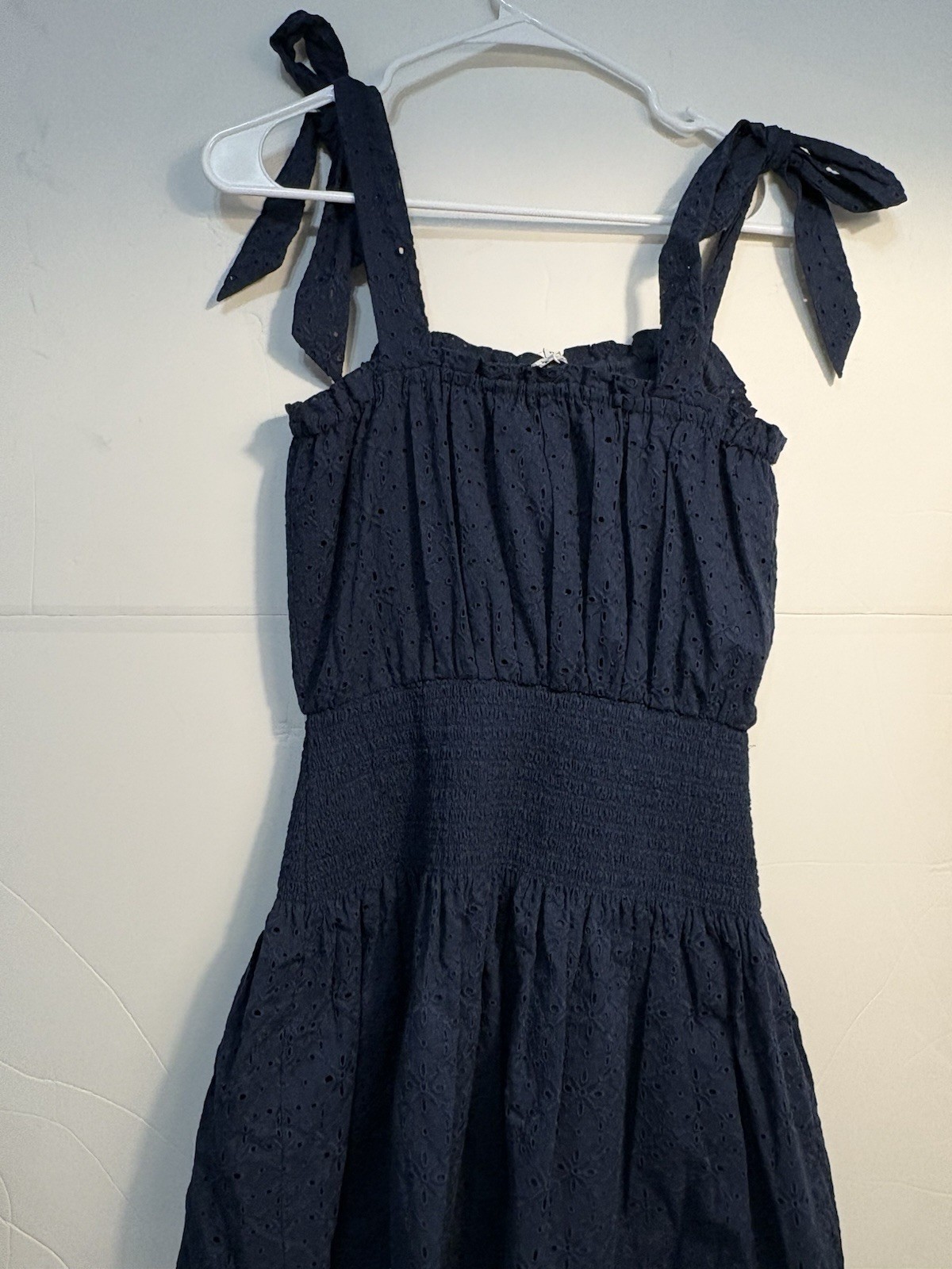 Ramy Brook New York Navy Smocked Square Neck Tie Strap Short Dress M NWT