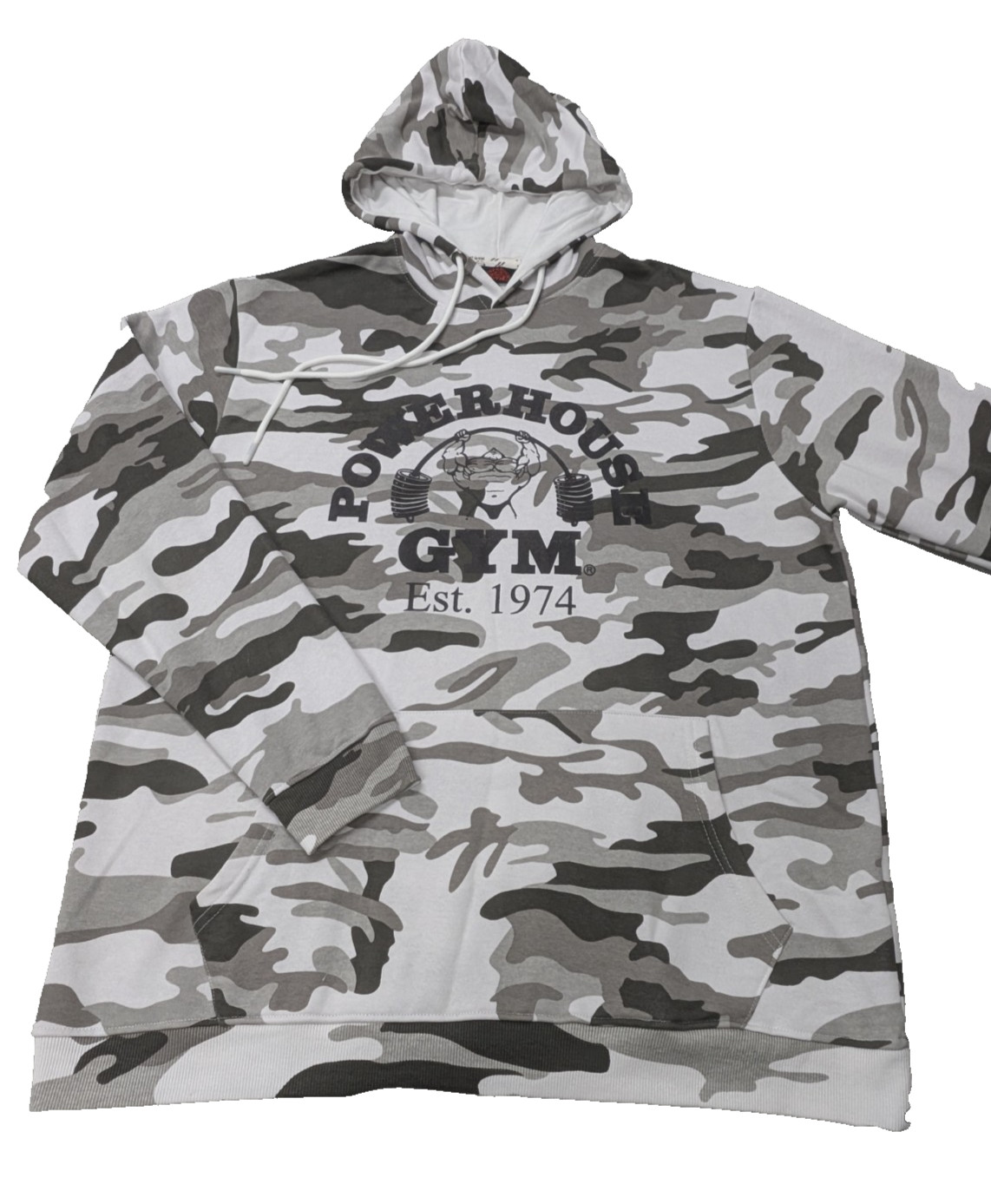 Powerhouse Gym Est 1974 Gray Camo Pullover Hoodie Sweatshirt XL 60/40 Cotton