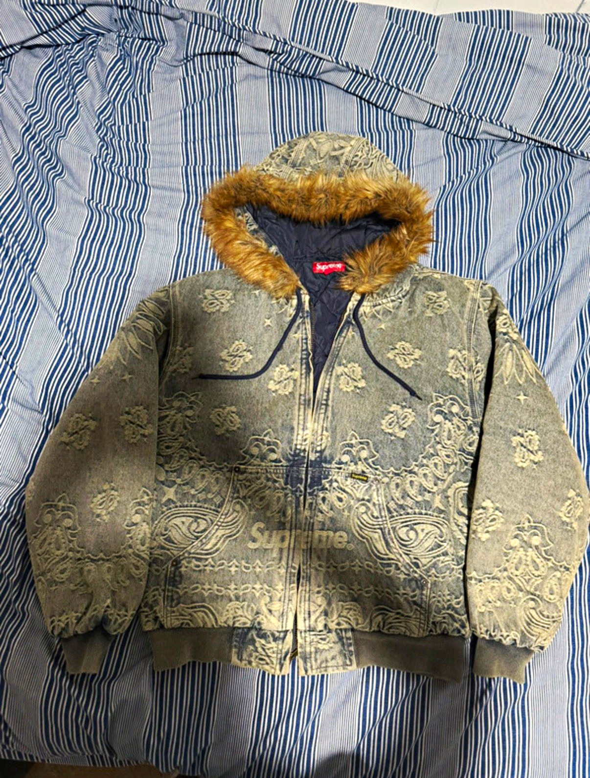 Supreme Bandana Jacquard Denim Jacket Fur Trim Full Zip Men’s Size S