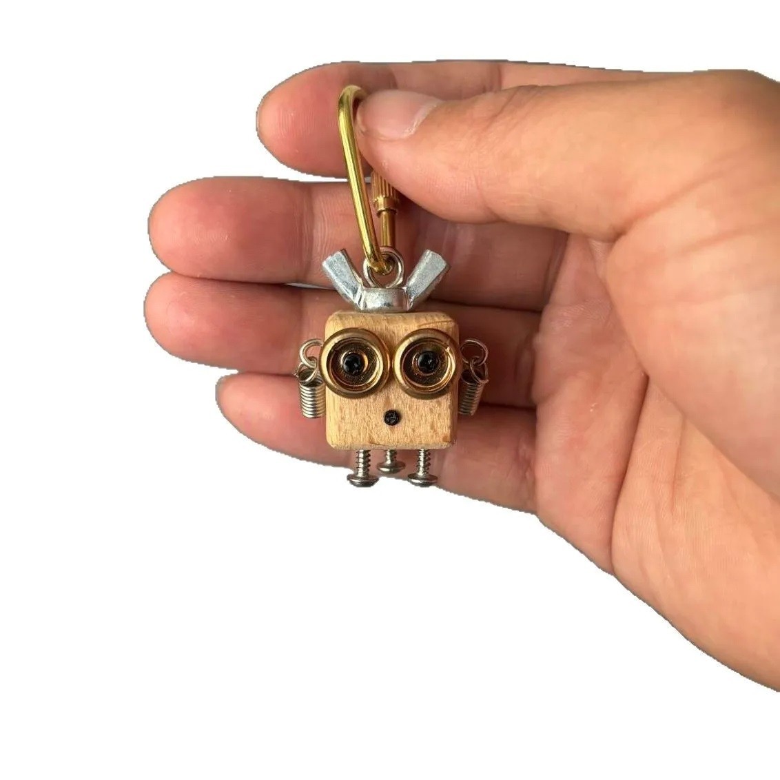 Handmade Punk Wooden & Metal Robot Keychain – Cute Character Pendant for Bag,