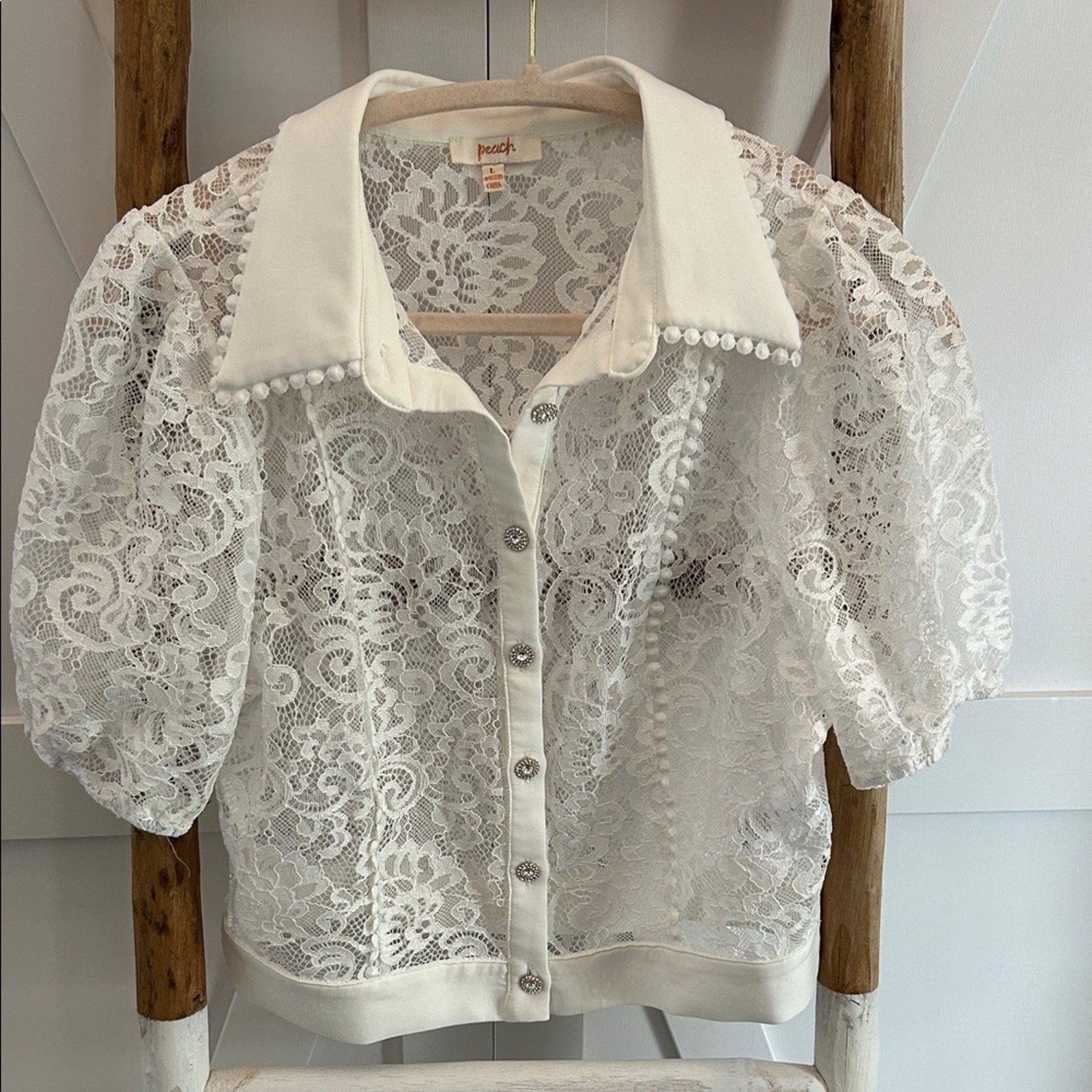 White Lace Button-Up Blouse by Peach Large