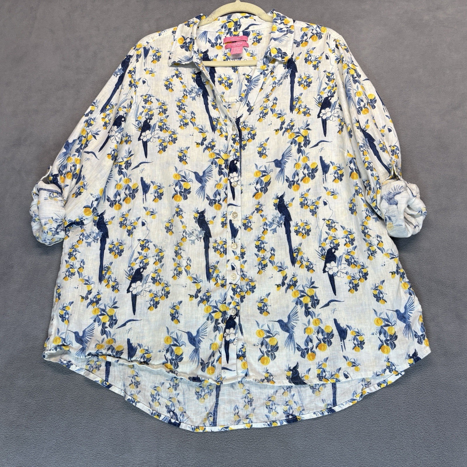 Isaac Mizrahi Size 2X 100% Linen Blouse Blue Yellow Bird Floral Roll Tab Sleeve