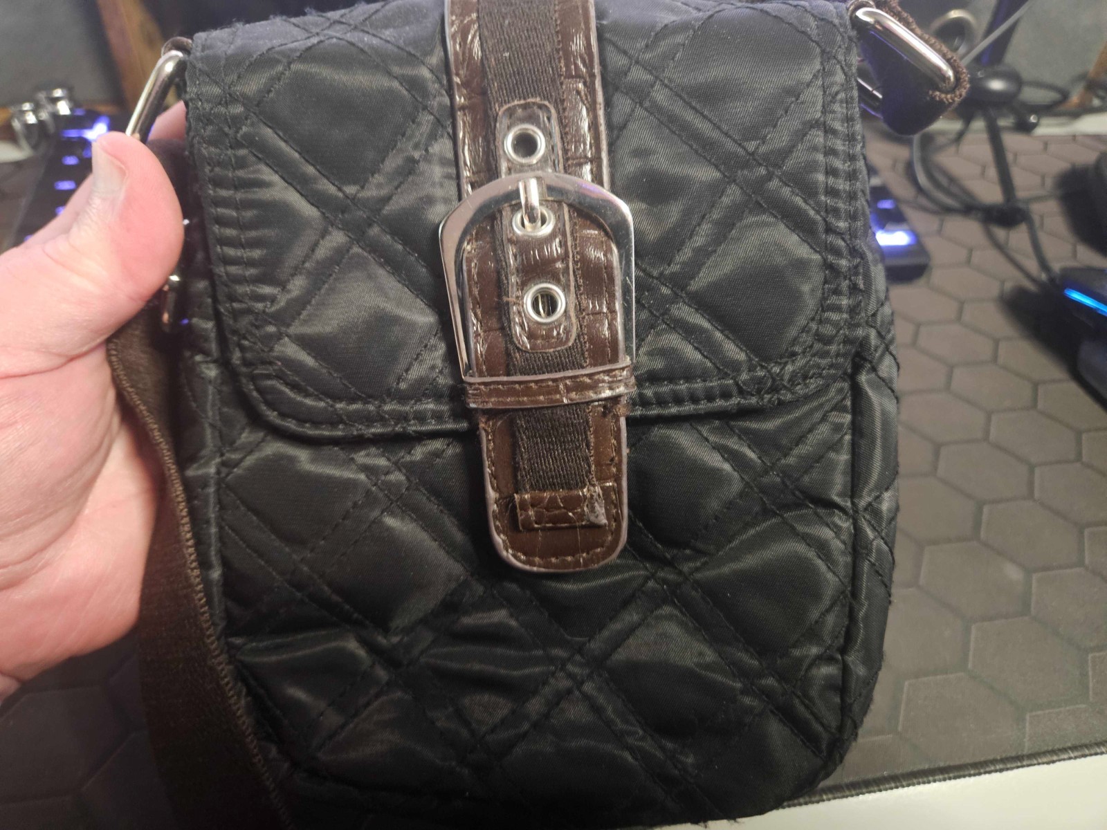 Black Quilted Nylon Crossbody Bag Brown Faux Leather Buckle Small – Used