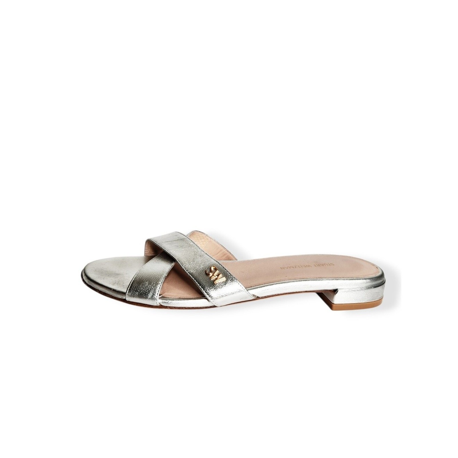 Stuart Weitzman Lunaria PYB Metallic Silver Nappa Leather Sandals Women Size 8.5