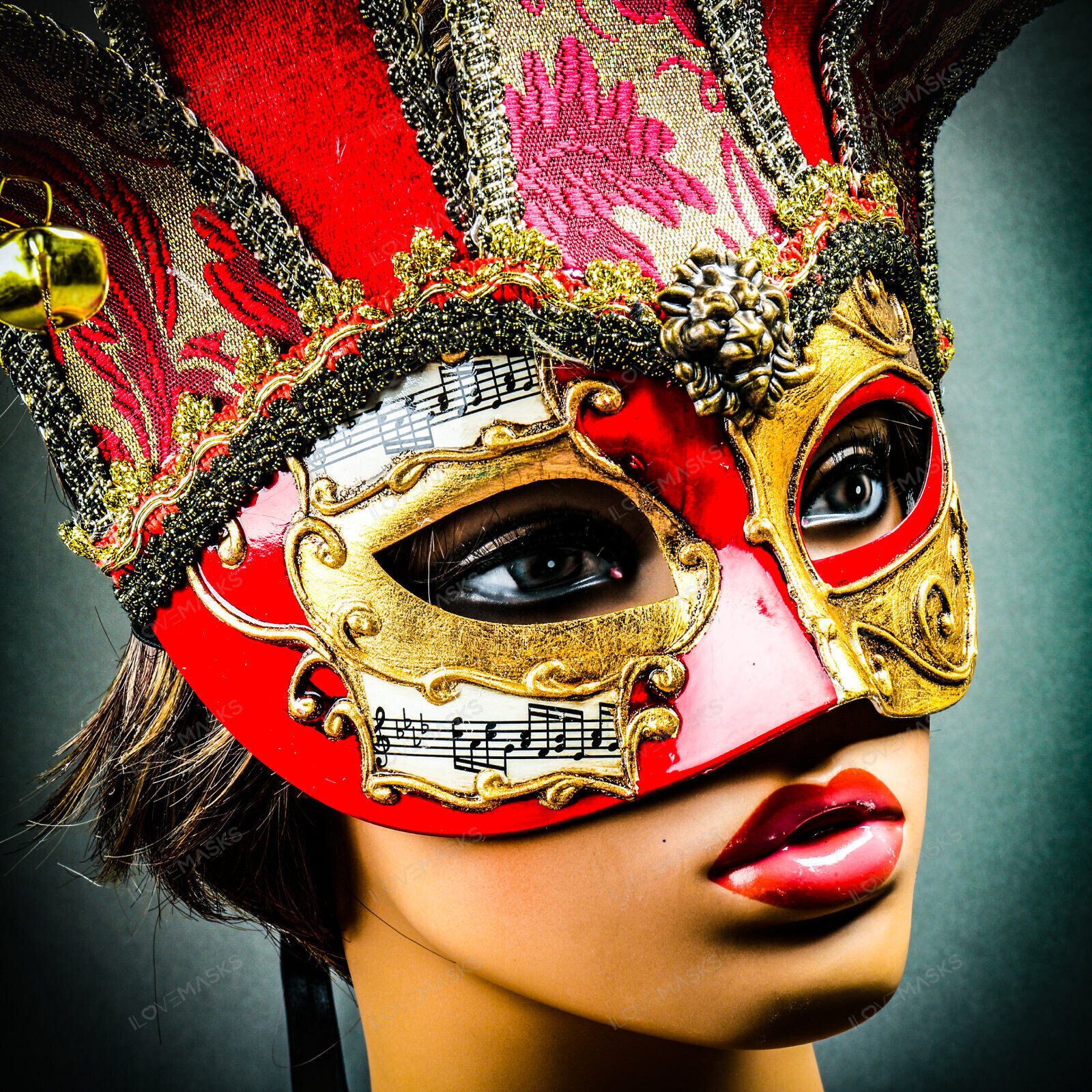 Jester Joker Venetian Musical Eye Mask with Bells – Gold Red Halloween Eye Mask