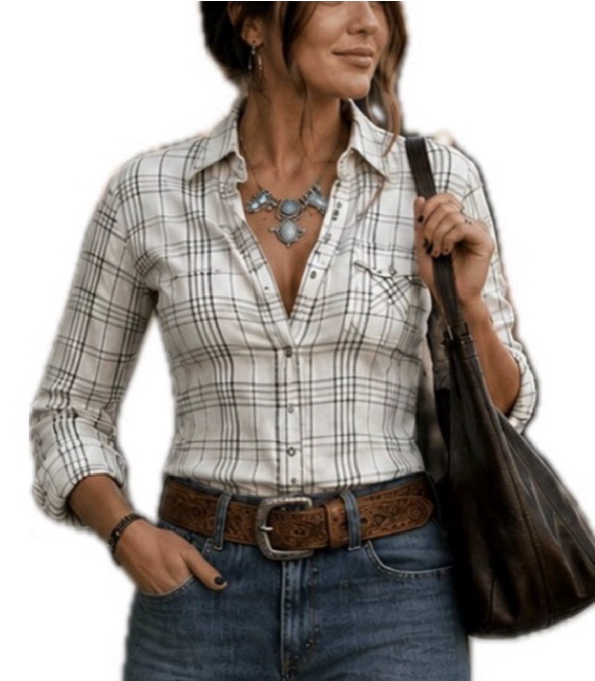 Banana Republic Women’s XS Regular White/Gray Plaid Collared Long Sleeve Shirt