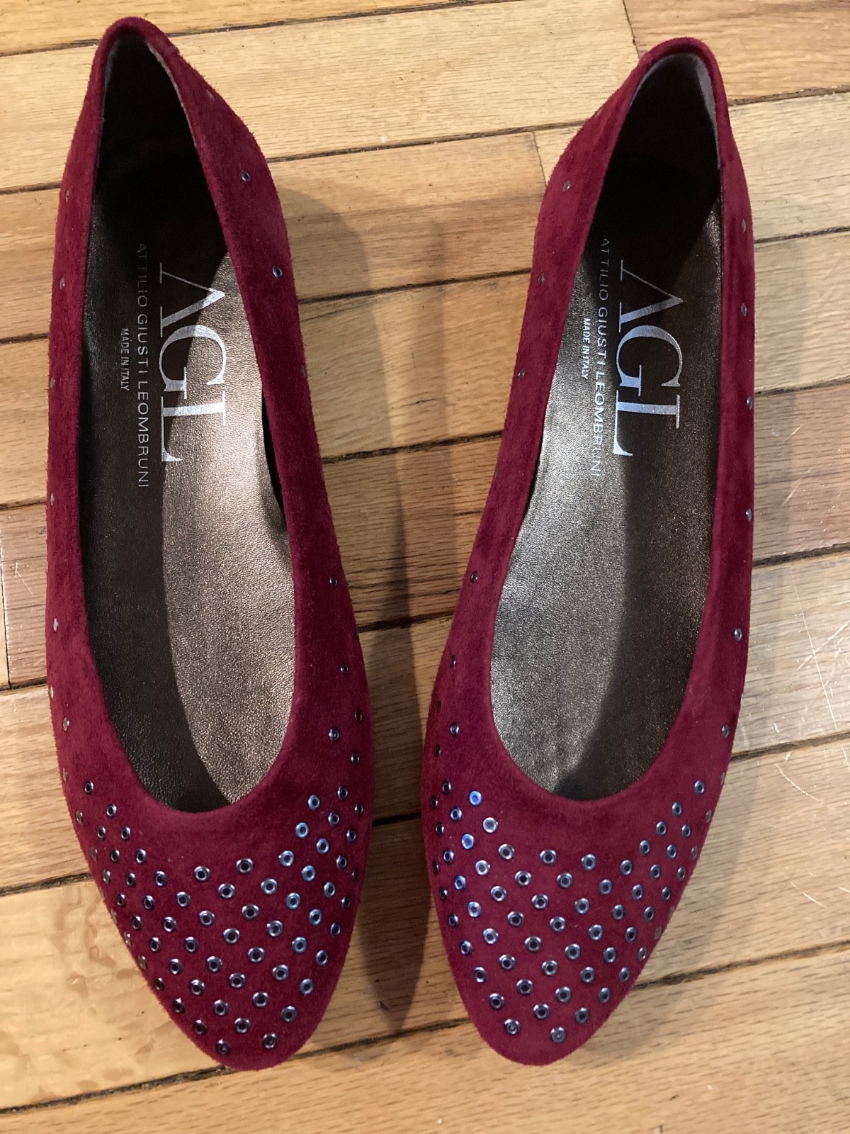 AGL Suede Ballet Flats Metal Grommets Red Women’s Size US 10.5 made in Italy