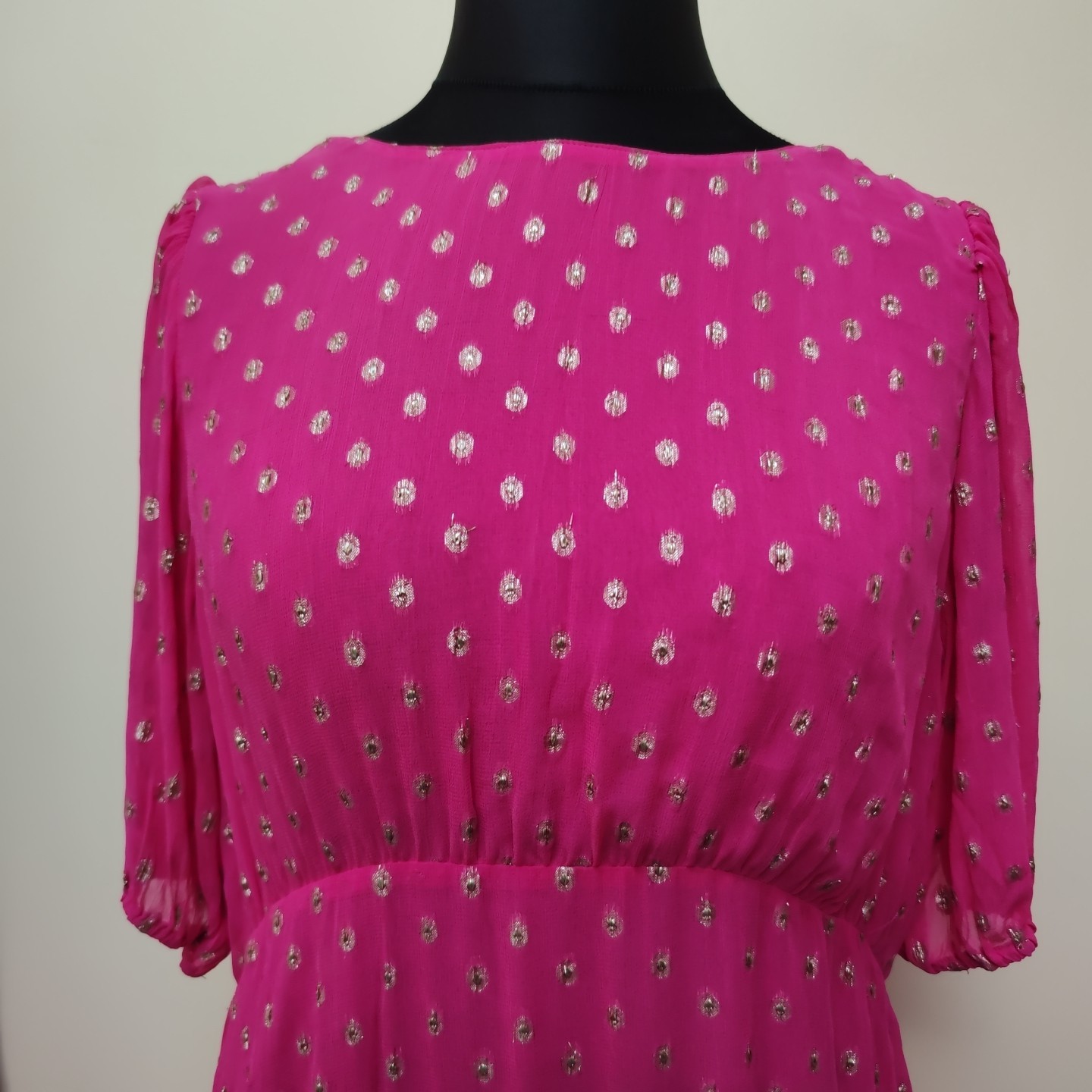 Rixo Pink Gold Dot Midi Dress XXL Size 18 Shireen Layers Sheer V-back Wedding