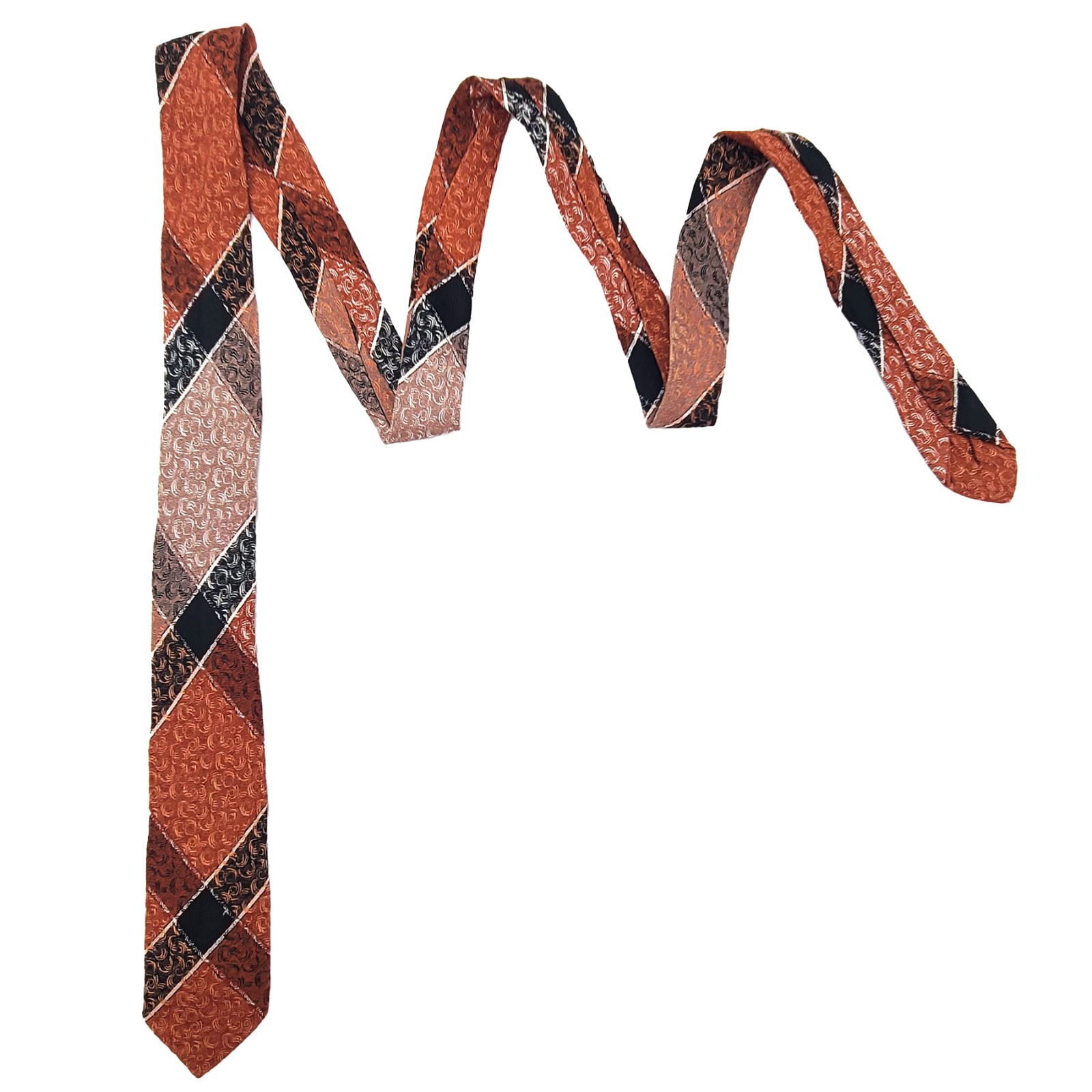 Vintage Jacquard Rust-Orange Black Beige Plaid Unlined Skinny Tie Necktie 2 x 53