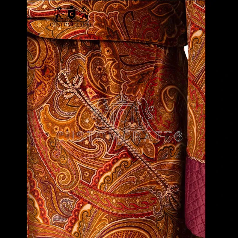 Luxury Men’s maroon jamawar Smoking Robe | Quilted Lapel & Cuffs | Victorian Sty