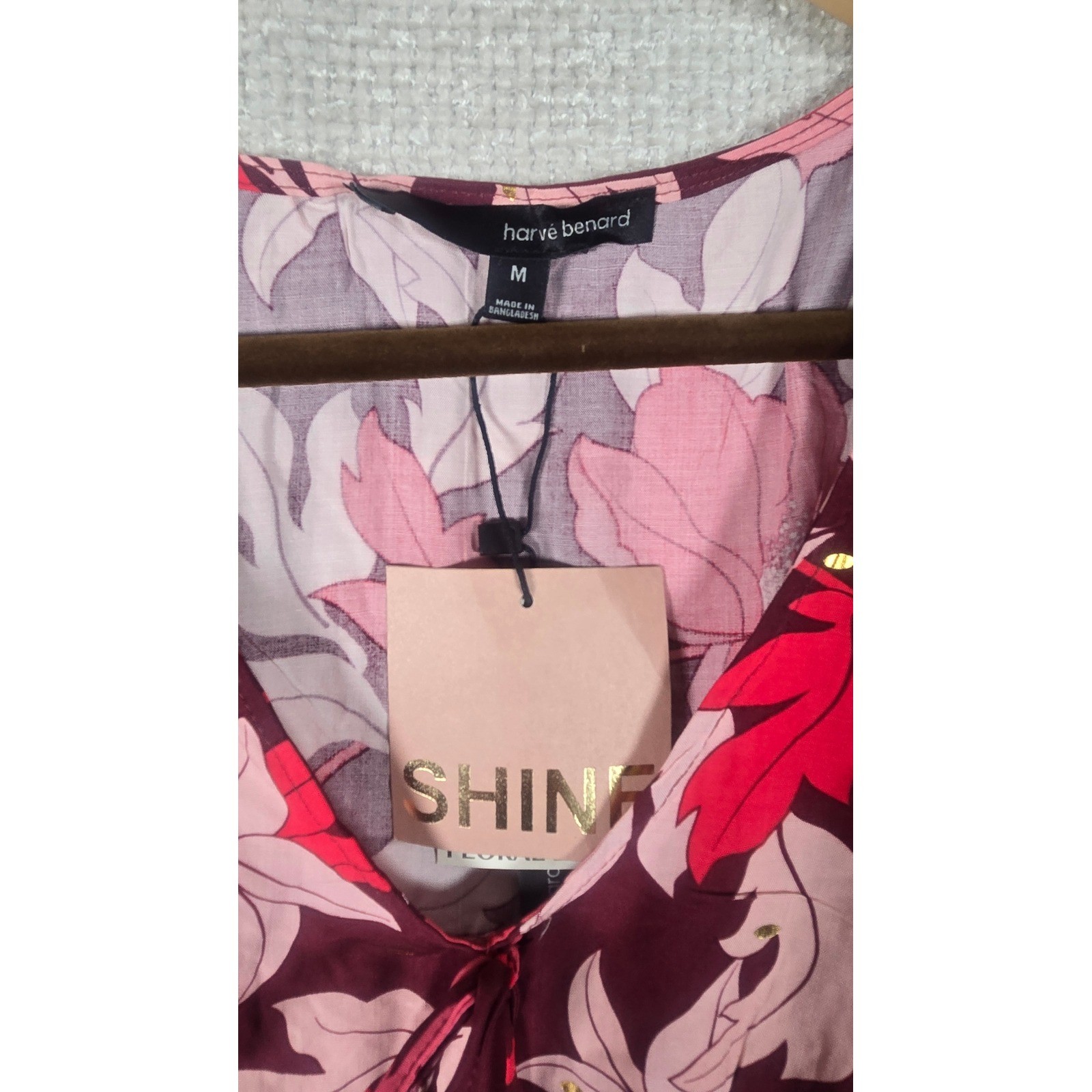 Herve Benard Womens Floral Peplum Top Burgundy Pink V-Neck Blouse M New