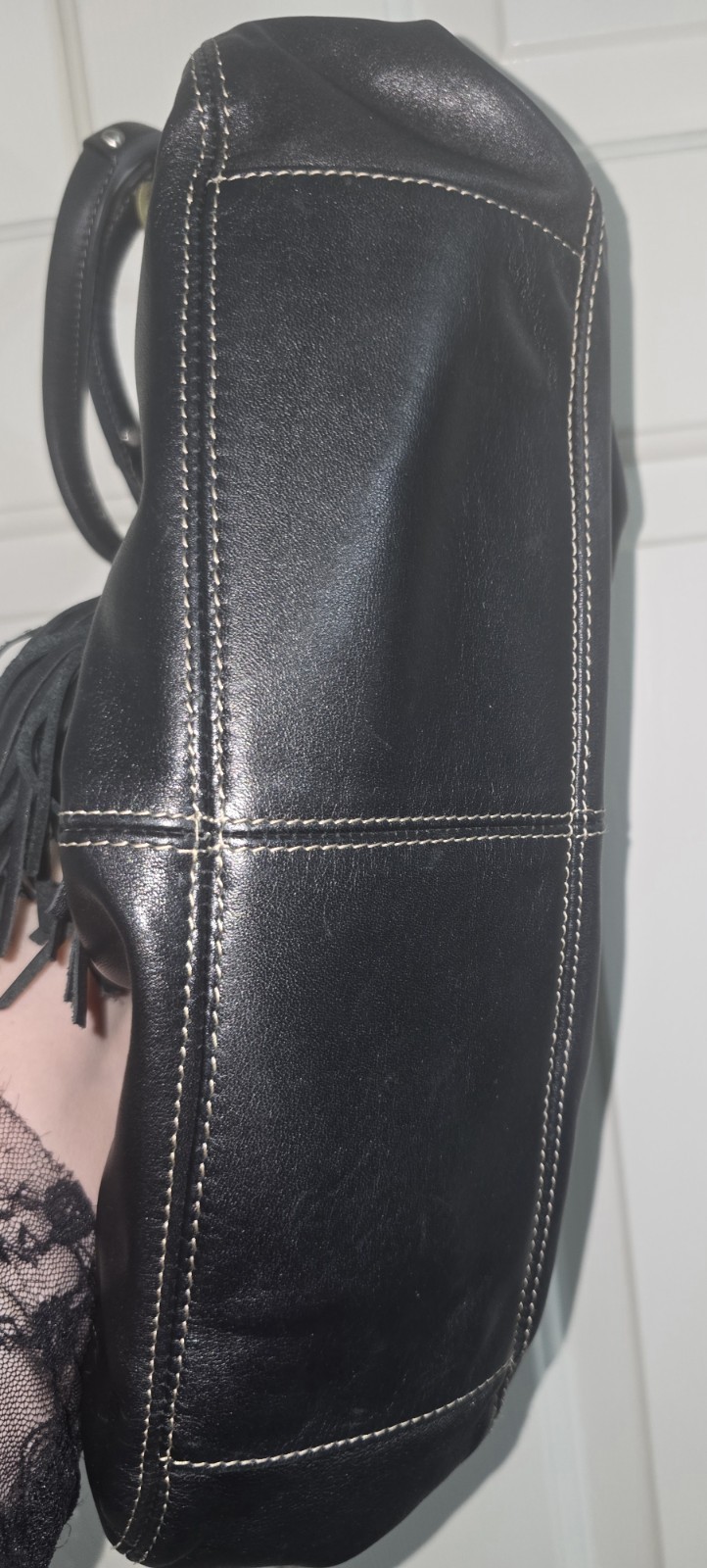 B. Makowsky Black Medium Shoulder Bag Buckle Tassel Silver Hardware Paisley