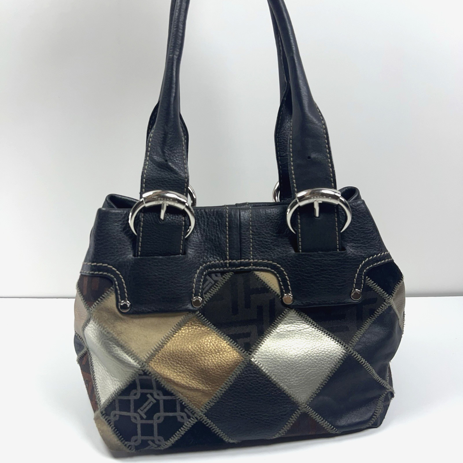 TIGNANELLO Leather Suede Patchwork Shoulder Bag Metallic Silver Buckle Boho Chic
