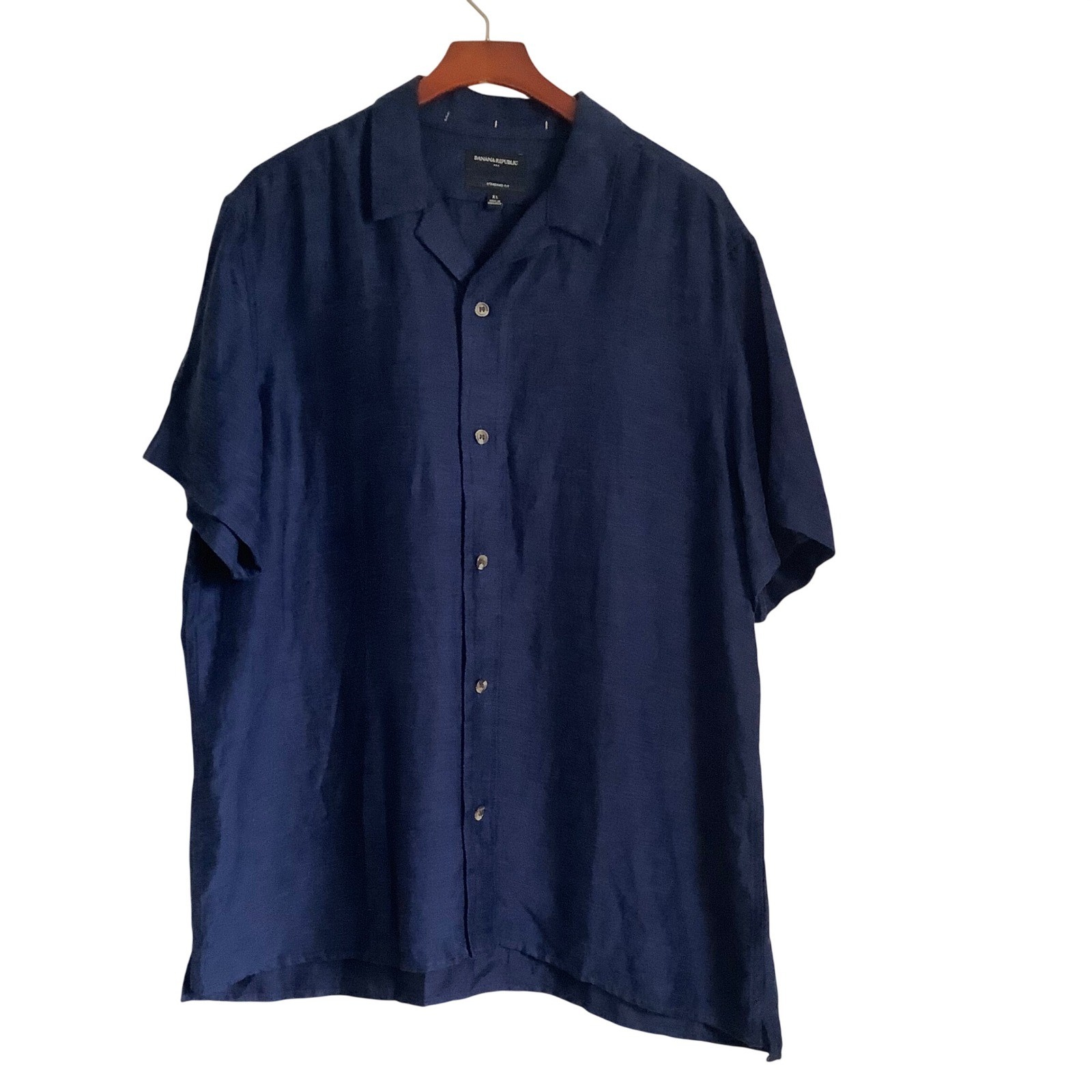 Banana Republic Mens XL Navy Blue Linen Blend Satin Camp Shirt 889547-00 SP24