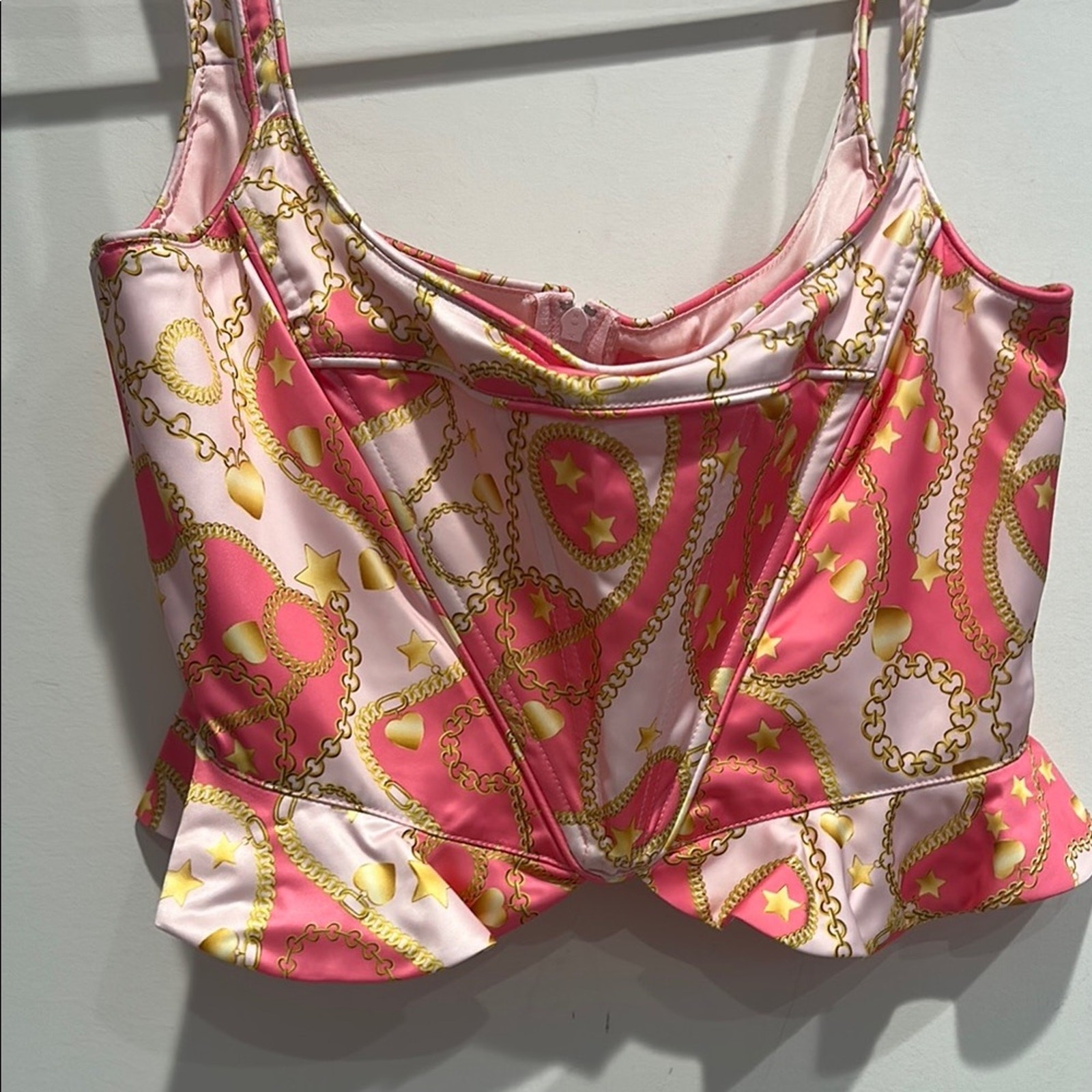Y2K Jenny from the block pink and Gold chain peplum tank matching scarf new XL