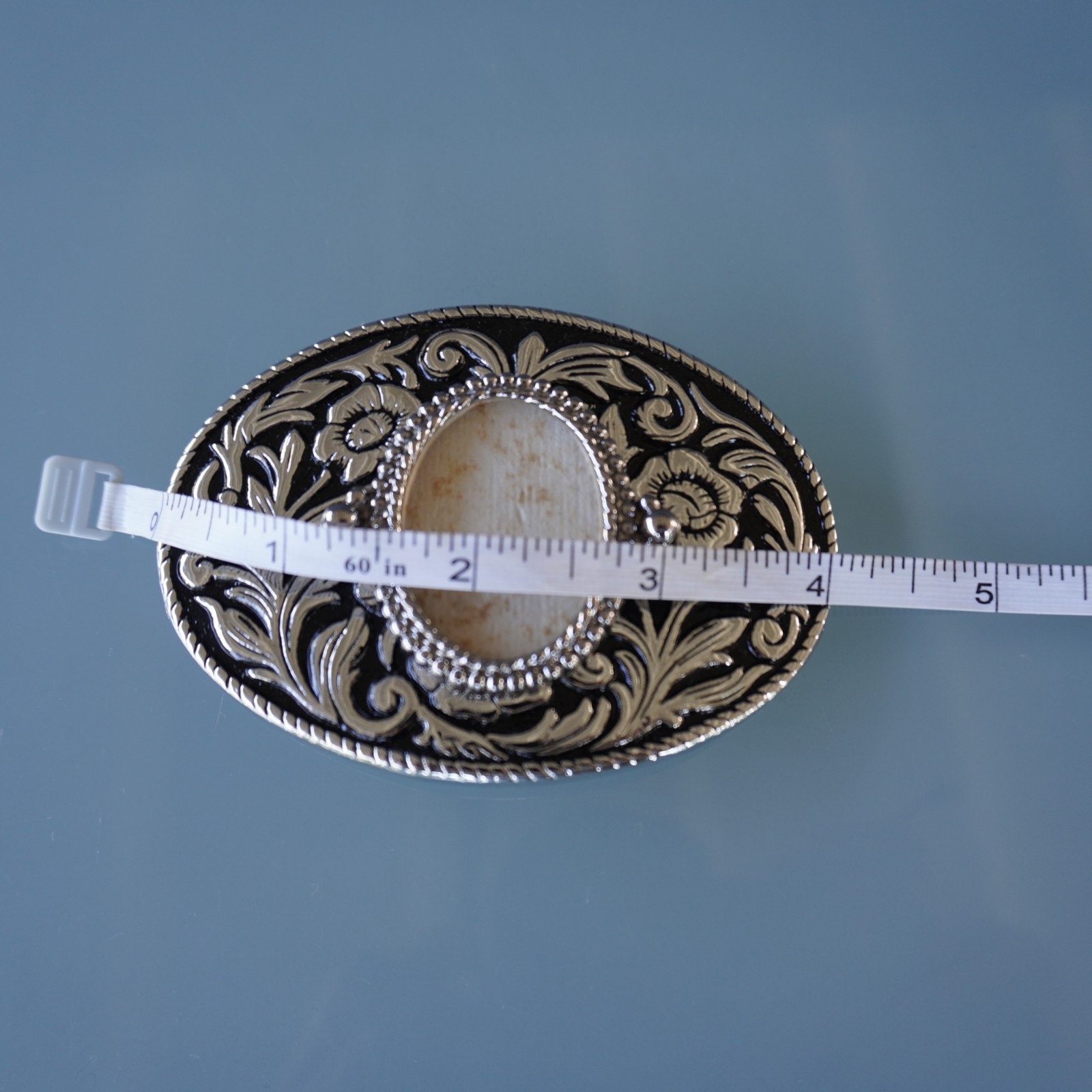 Vintage Western Belt Buckle Blank 30x40mm Cabochon Frame Floral Silver Made in U