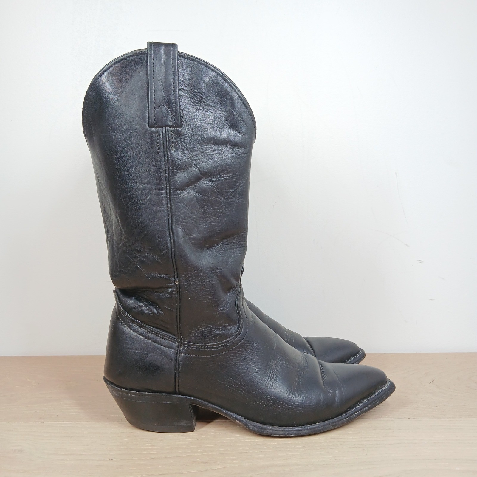 J.Chisholm Western Boots Men’s 7 Black Leather Pointed Toe Cuban Heel Mid-Calf