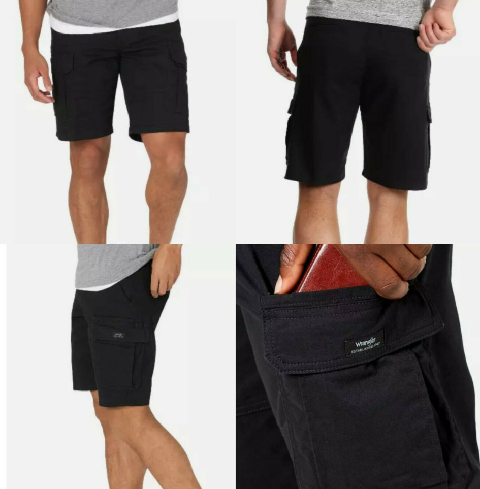 Men’s Wrangler Black Cargo Shorts w/ Stretch Relaxed Fit Tech Pocket ALL SIZES