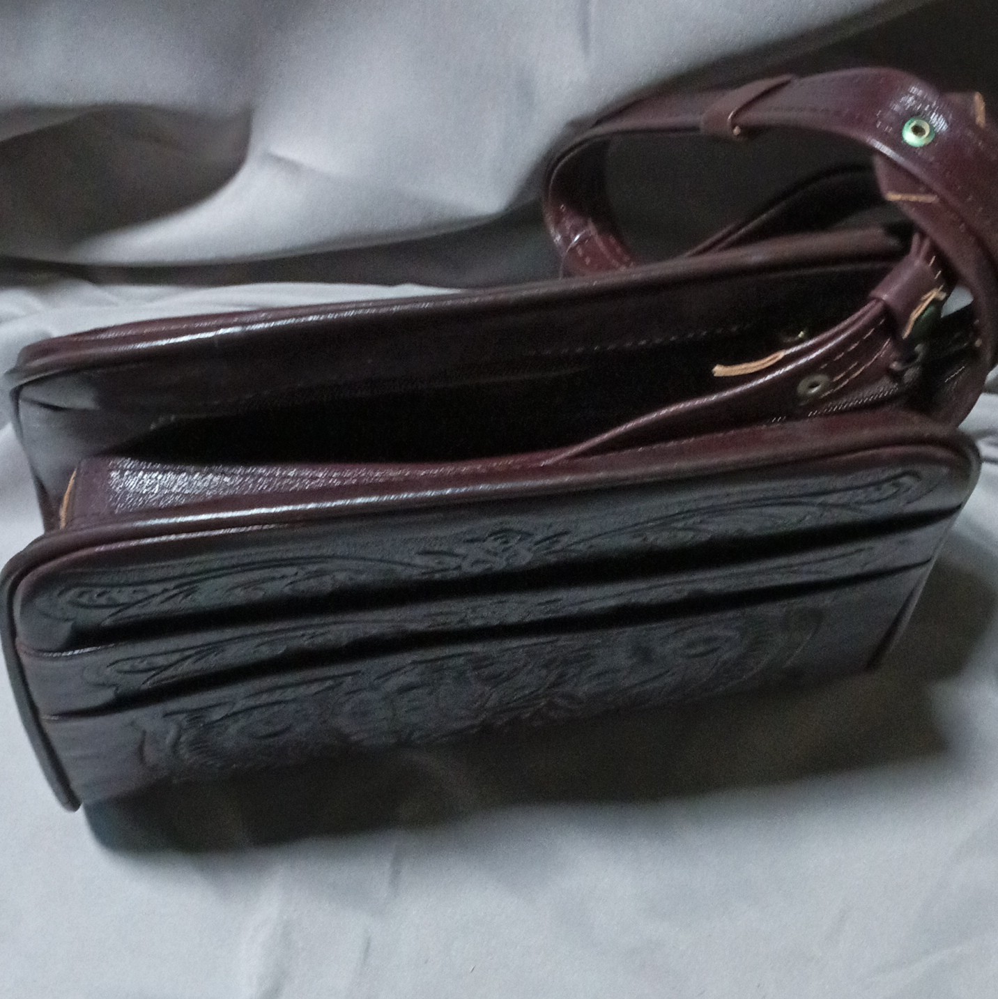 Brown Tooled Embossed Floral Shoulder Bag Zip Top Multi-Compartment Studs