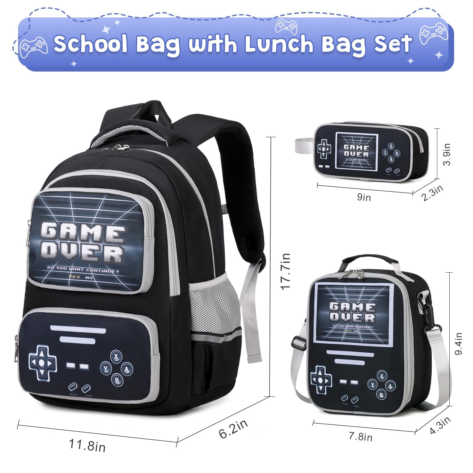 Gamer Backpack for Boys – Cool Luminous School Bag with Lunch Bag Pencil Case…
