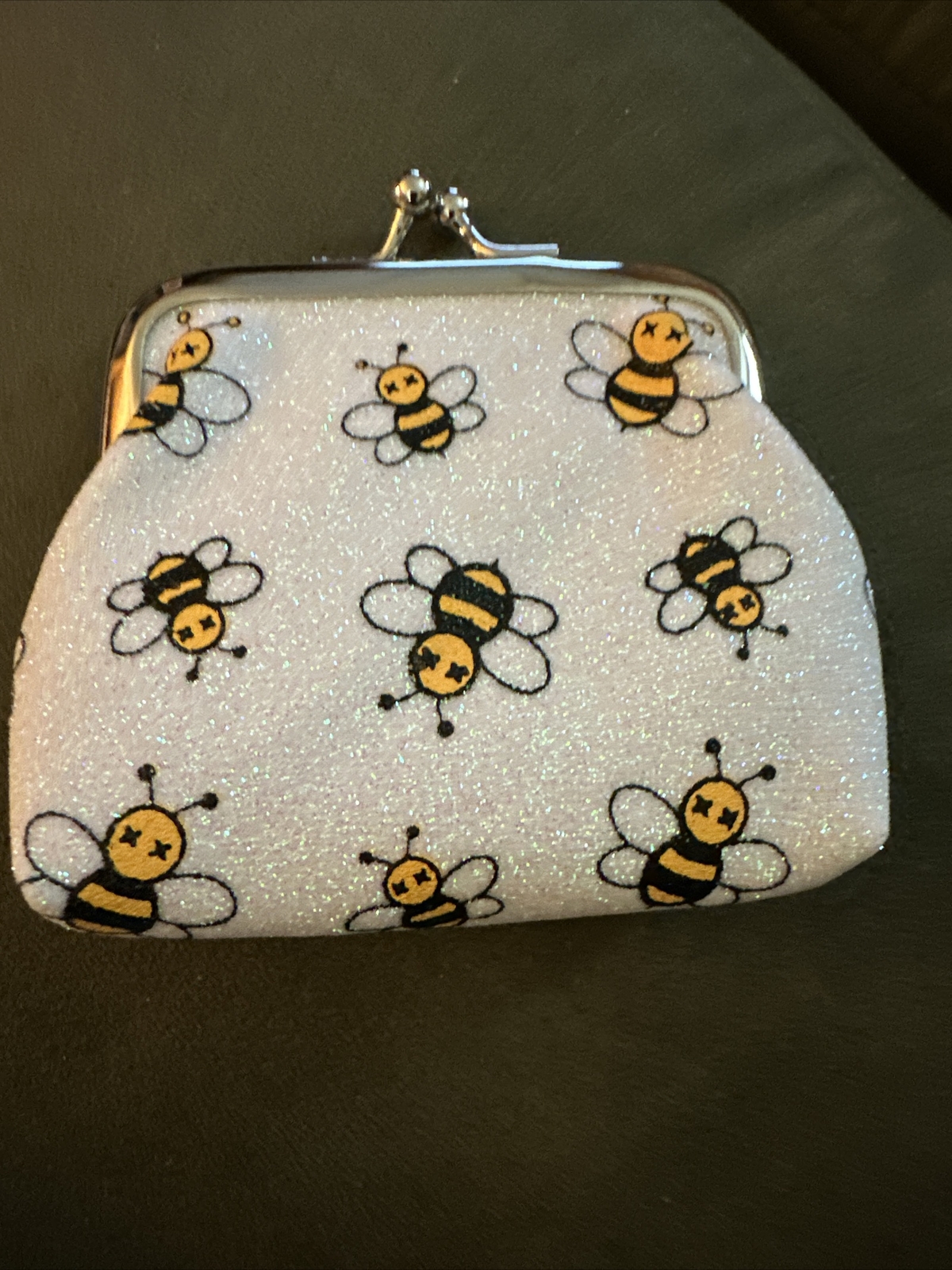 White With Multi Colored Glitter XS Coin Change Purse With Black And Gold Bees