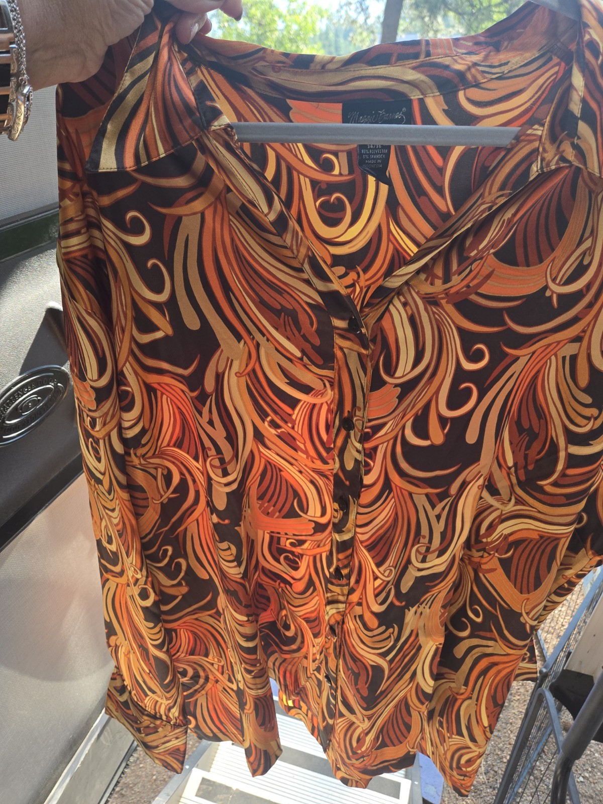 Maggie Thomas Women’s 3X Plus Brown Orange Abstract V-Neck Button Blouse