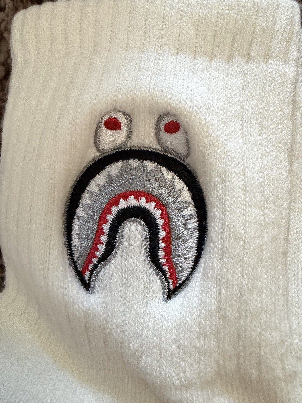 A Bathing Ape Men’s Crew Socks White Cotton Blend Baby Milo Shark Logo 1 Pair