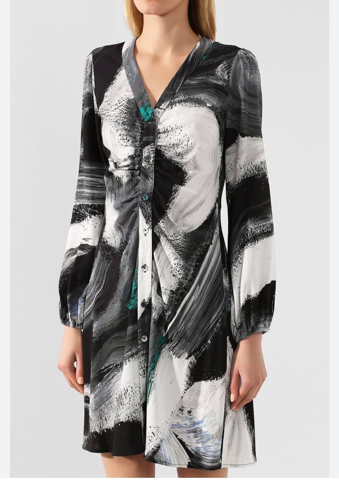 Diane von Furstenberg Dress Size 0 Brush Stroke Pattern Button Up Long Sleeve