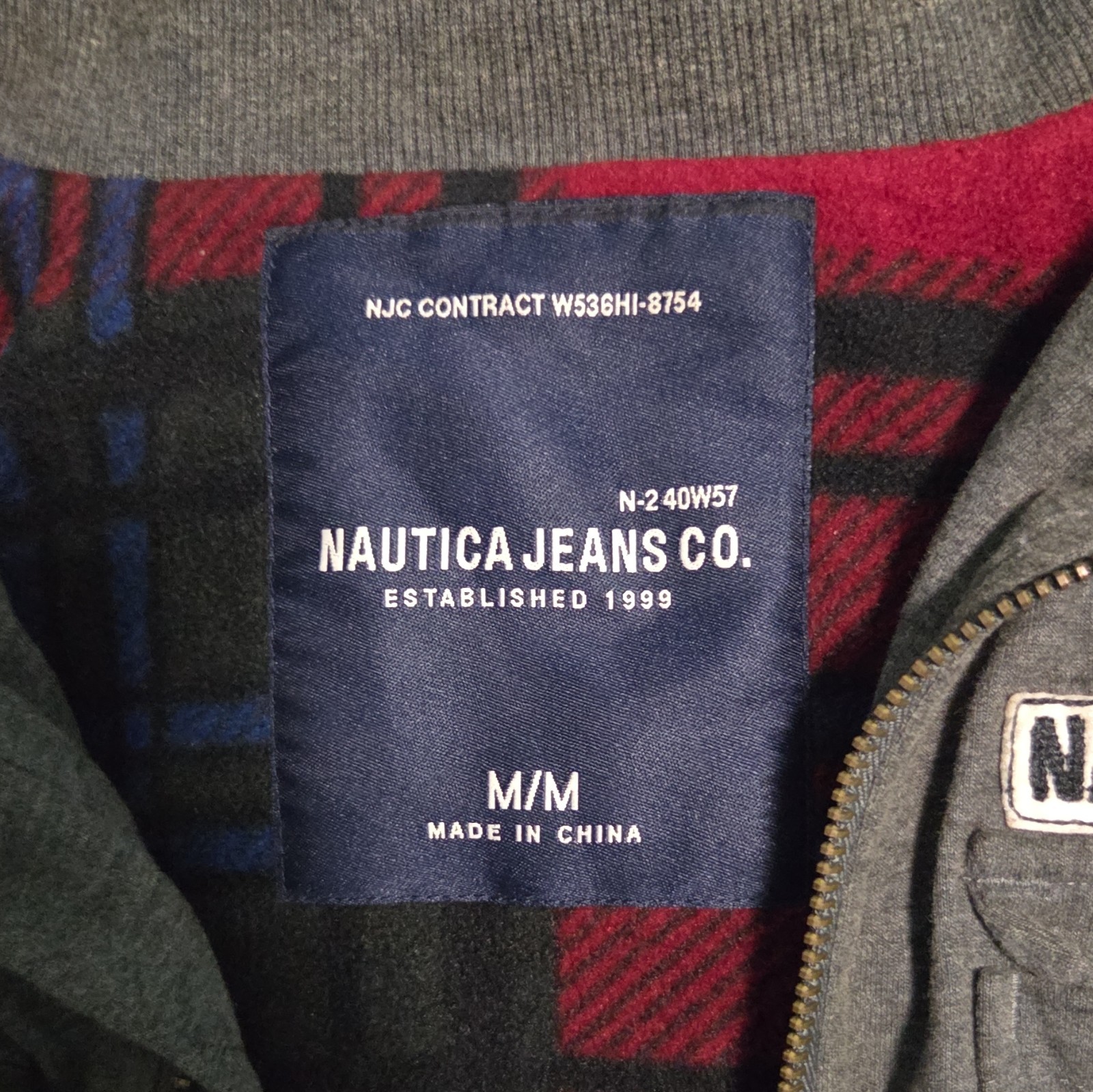 Nautica Jeans Co. Men’s Gray Full Zip Jacket Stand-Up Collar Plaid Lined M
