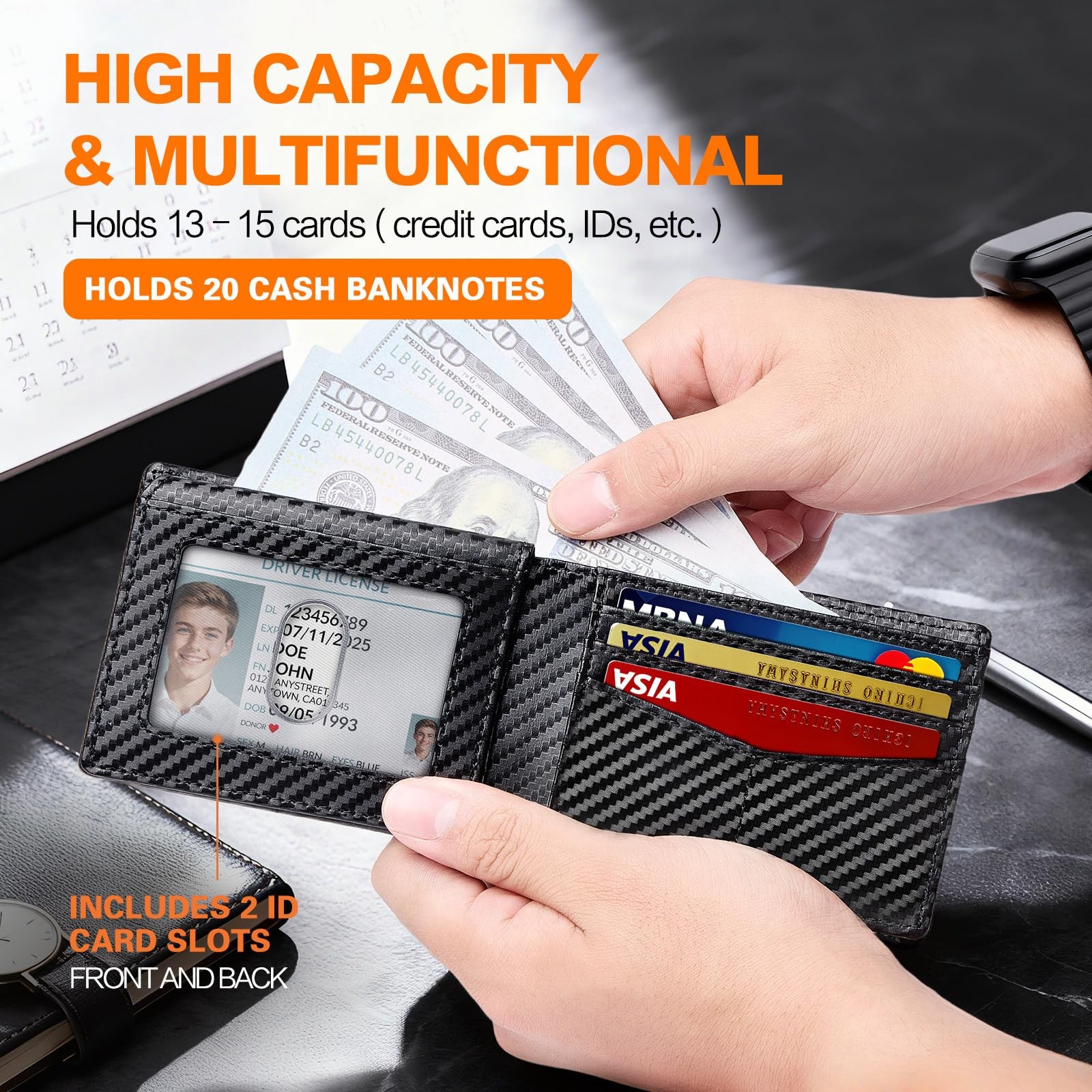 Wallet for Men Slim RFID Blocking 0.6×4.3×3.2 inches, Black-Carbon Fiber