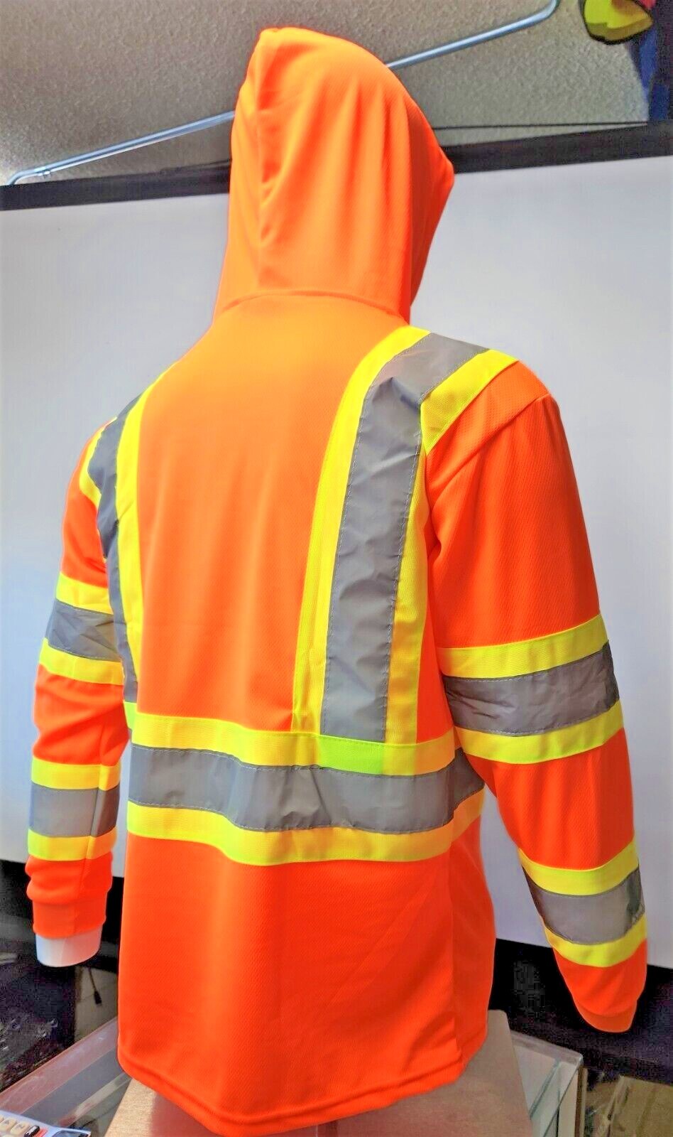 Class 3 Orange Long Sleeve Safety Shirt With Hoodie, Polyester Birdeye mesh