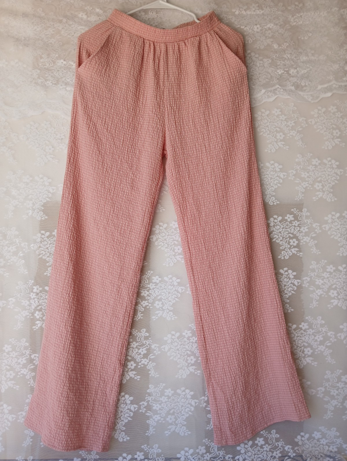 JULIA Pink Check Wide-Leg Pants Womens S Polyester Elastic Waist Regular