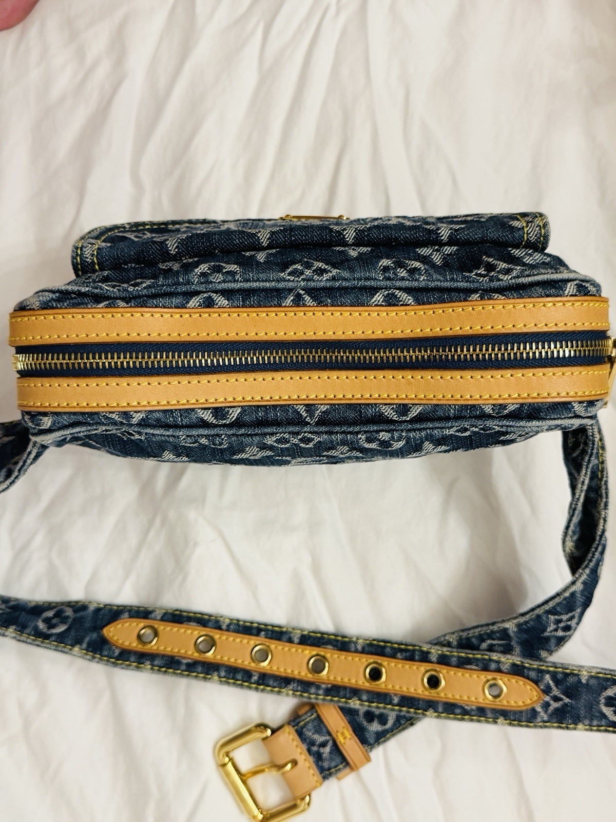 Louis Vuitton Blue Monogram Shoulder Bag Strap Gold Hardware Push Lock Zip