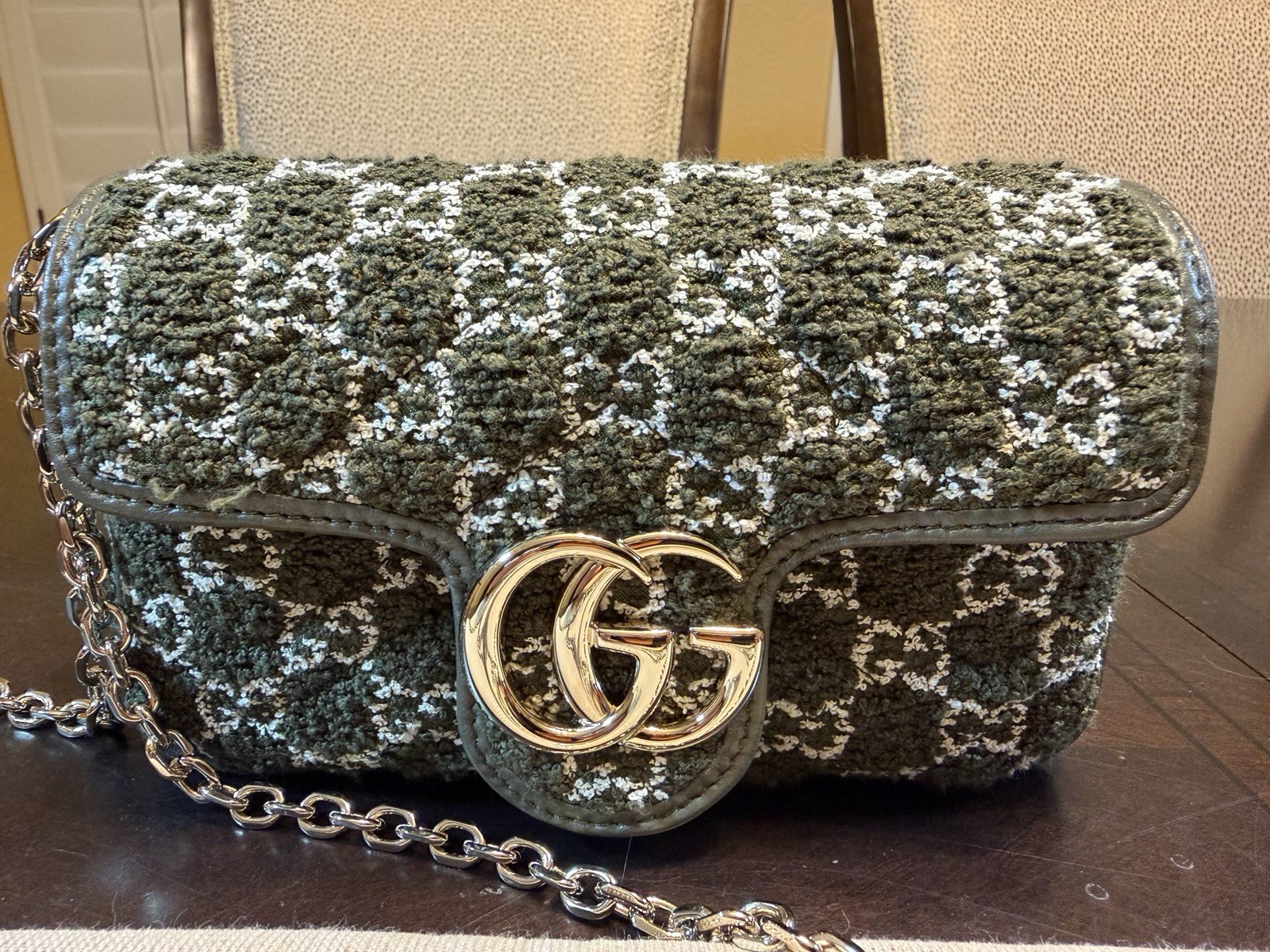 New Authentic Gucci GG Marmont Tweed Logo Shoulder Bag Mini Green