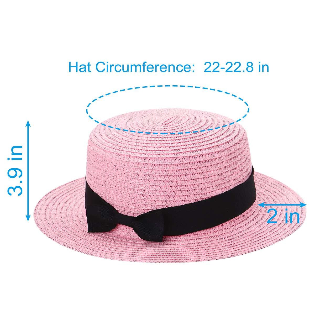 Women Flat Top Straw Boater Wide Brim Sun Hat Black Ribbon Bow Summer Beach Cap